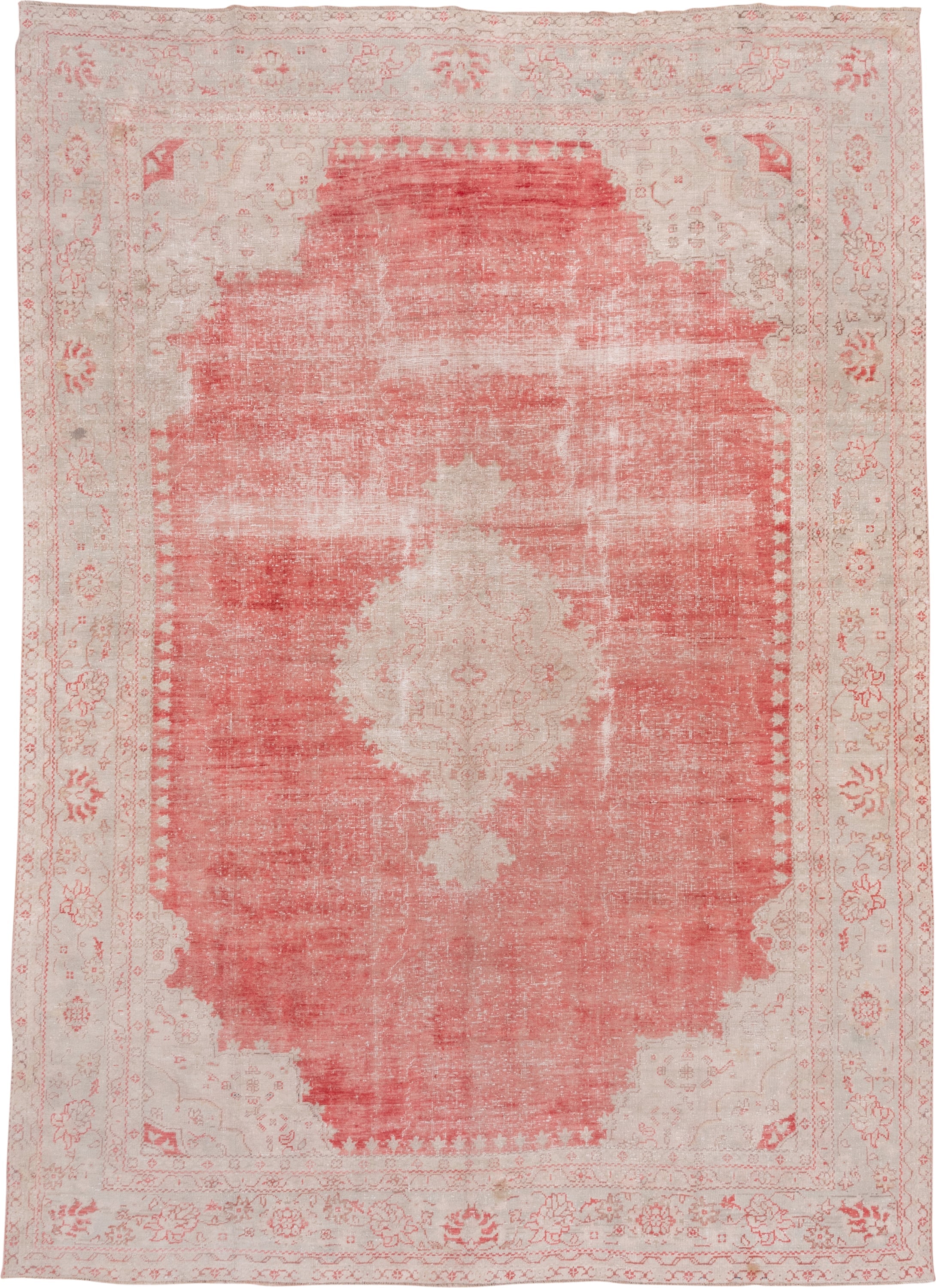 10' x 14' one-of-a-kind handmade vintage Oushak large size rug. Color palette: coral, ivory, blush, rose, taupe, terracotta