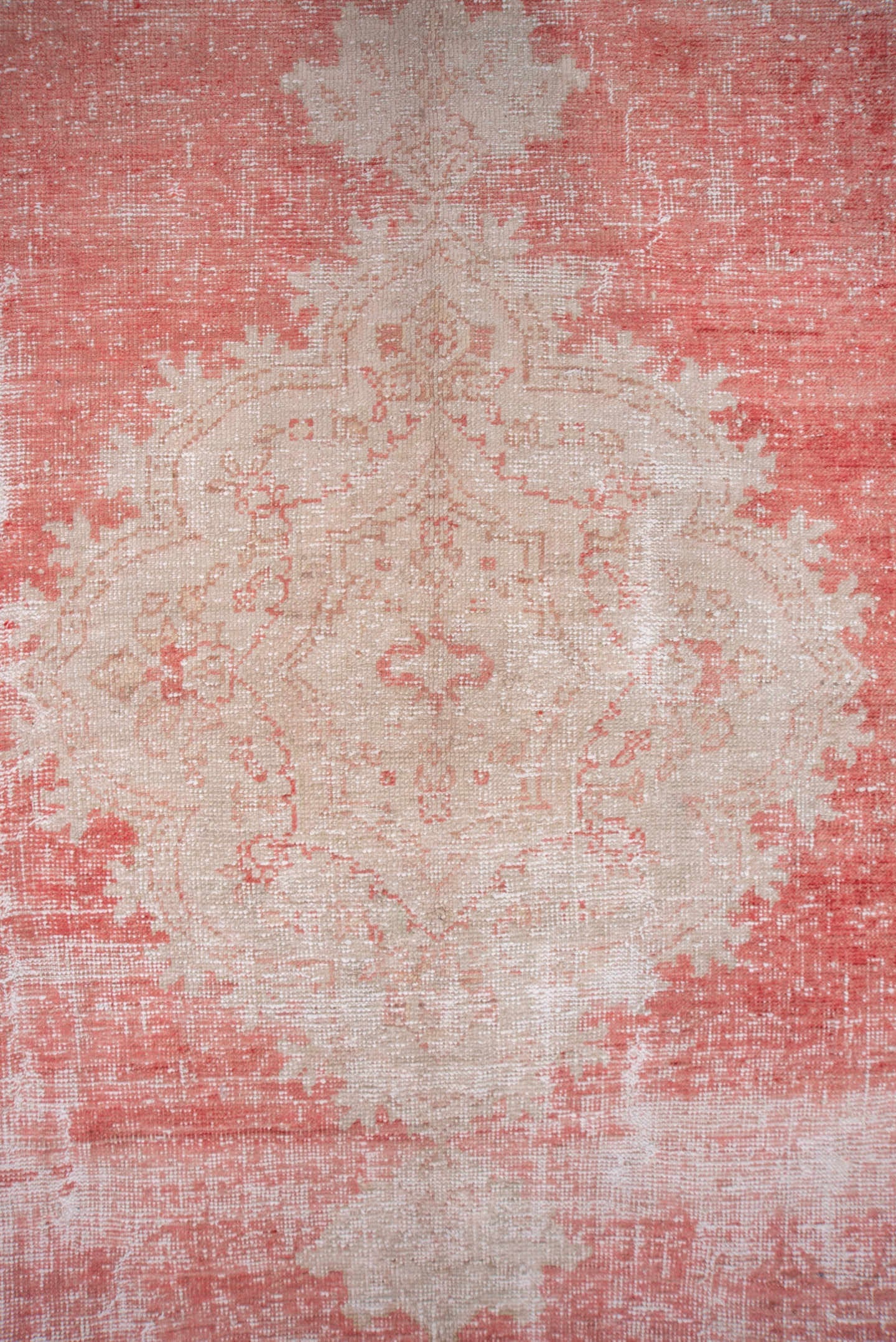 10' x 14' one-of-a-kind handmade vintage Oushak large size rug. Color palette: coral, ivory, blush, rose, taupe, terracotta