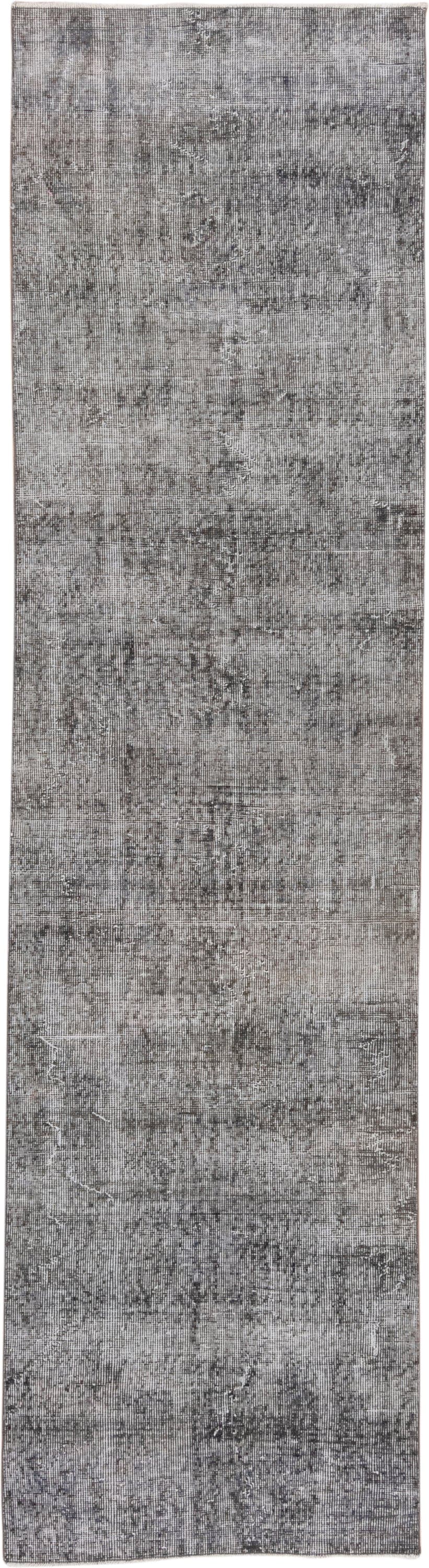 2' x 10' one-of-a-kind handmade vintage Overdyed runner rug. Color palette: gray, charcoal, ivory, taupe, black, beige