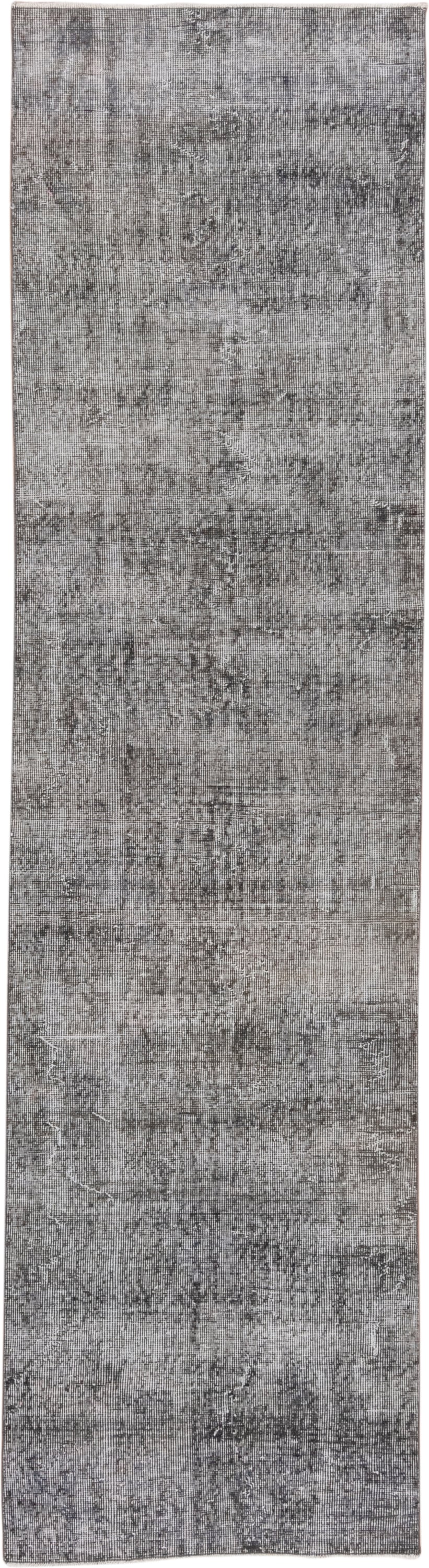 2' x 10' one-of-a-kind handmade vintage Overdyed runner rug. Color palette: gray, charcoal, ivory, taupe, black, beige
