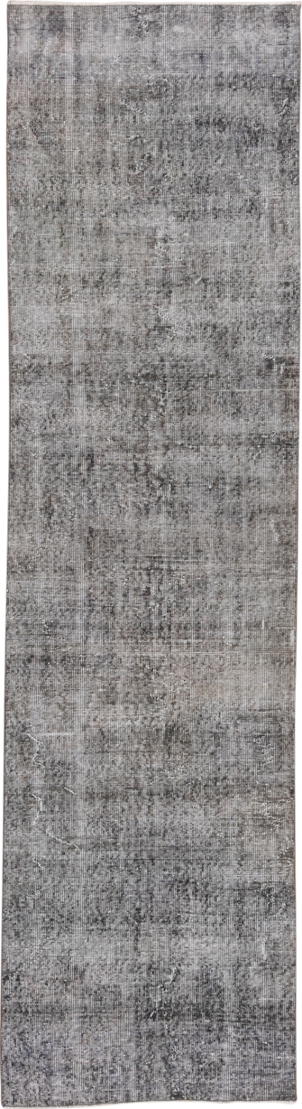 2' x 10' one-of-a-kind handmade vintage Overdyed runner rug. Color palette: gray, charcoal, ivory, taupe, black, beige