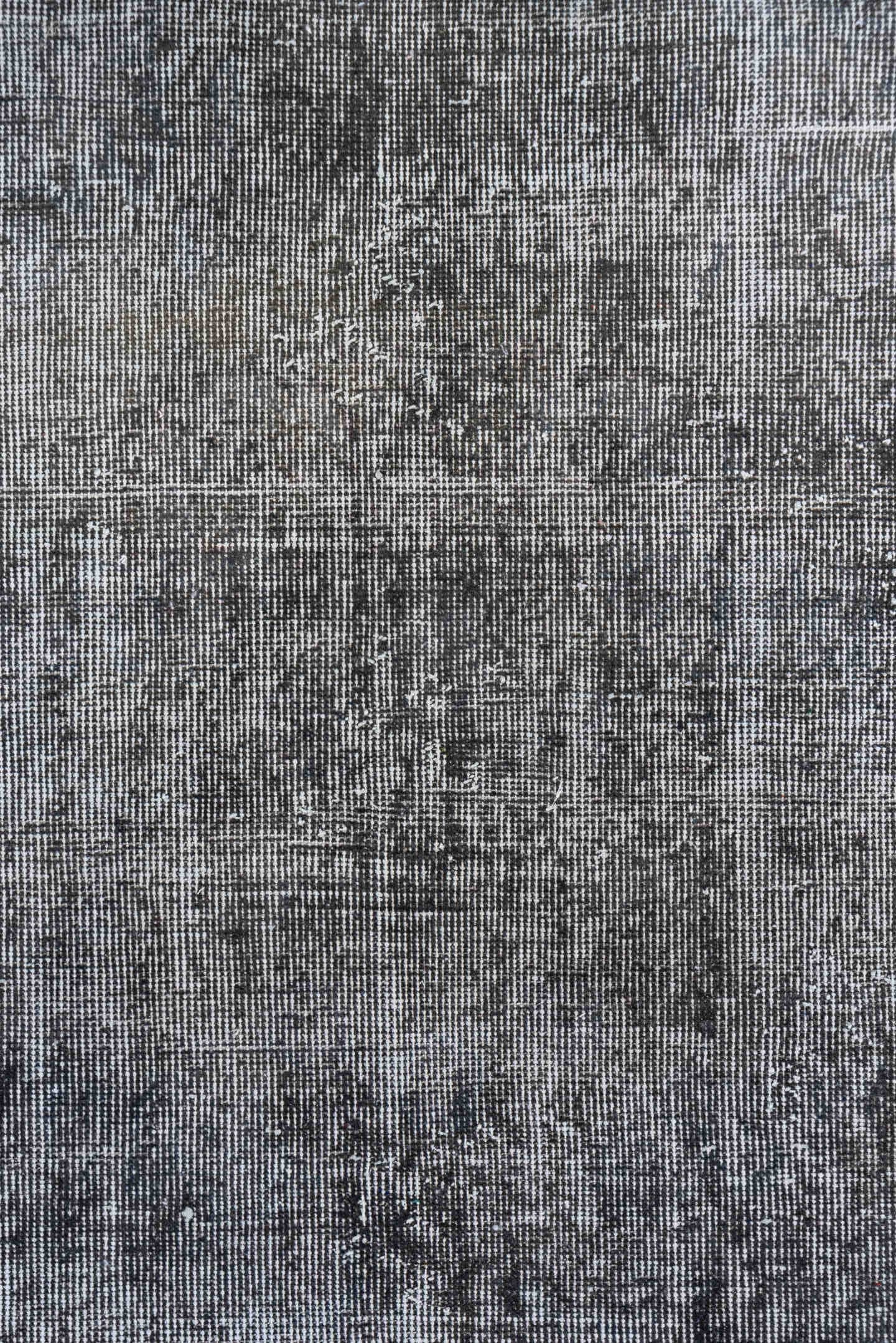 2' x 10' one-of-a-kind handmade vintage Overdyed runner rug. Color palette: gray, charcoal, ivory, taupe, black, beige