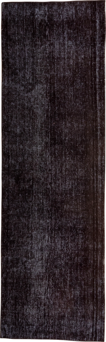 3' x 9' one-of-a-kind handmade vintage Overdyed runner rug. Color palette: black, charcoal, gray, off-white, snow, white
