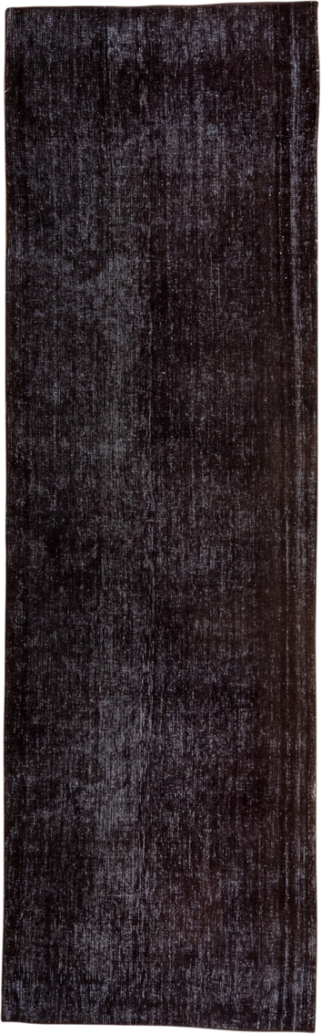 3' x 9' one-of-a-kind handmade vintage Overdyed runner rug. Color palette: charcoal, ebony, slate, gray, black