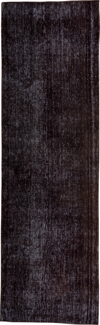 3' x 9' one-of-a-kind handmade vintage Overdyed runner rug. Color palette: black, charcoal, gray, off-white, snow, white