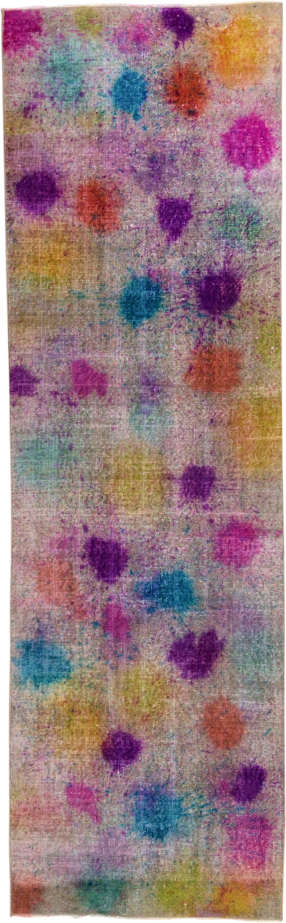 3' x 10' one-of-a-kind handmade vintage Overdyed runner rug. Color palette: ivory, violet, magenta, turquoise, gold