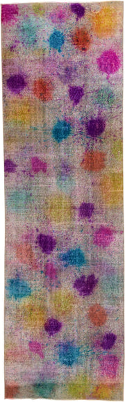 3' x 10' one-of-a-kind handmade vintage Overdyed runner rug. Color palette: ivory, violet, magenta, turquoise, gold