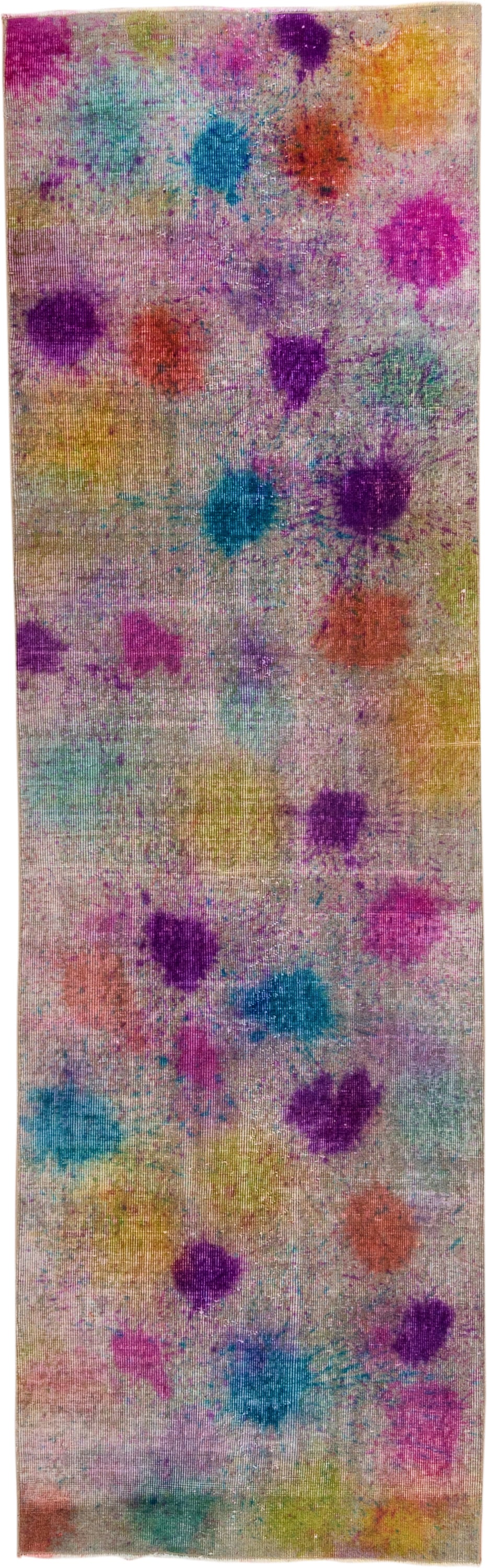 3' x 10' one-of-a-kind handmade vintage Overdyed runner rug. Color palette: ivory, violet, magenta, turquoise, gold