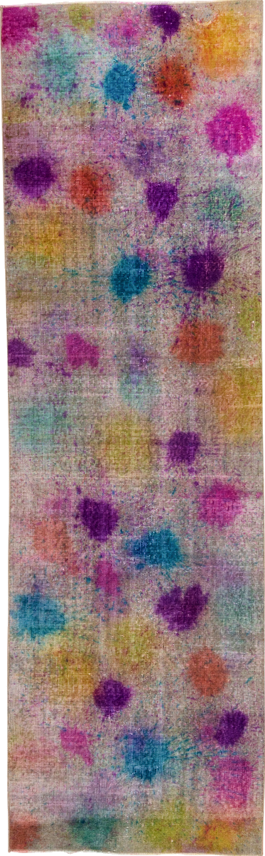 3' x 10' one-of-a-kind handmade vintage Overdyed runner rug. Color palette: blue, brown, gray, light gray, off-white, orange