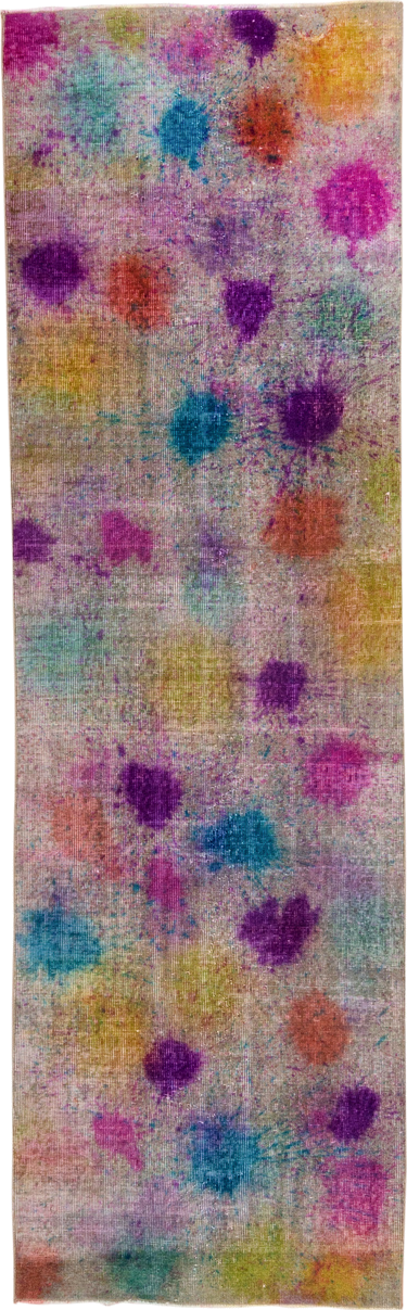 3' x 10' one-of-a-kind handmade vintage Overdyed runner rug. Color palette: blue, brown, gray, light gray, off-white, orange