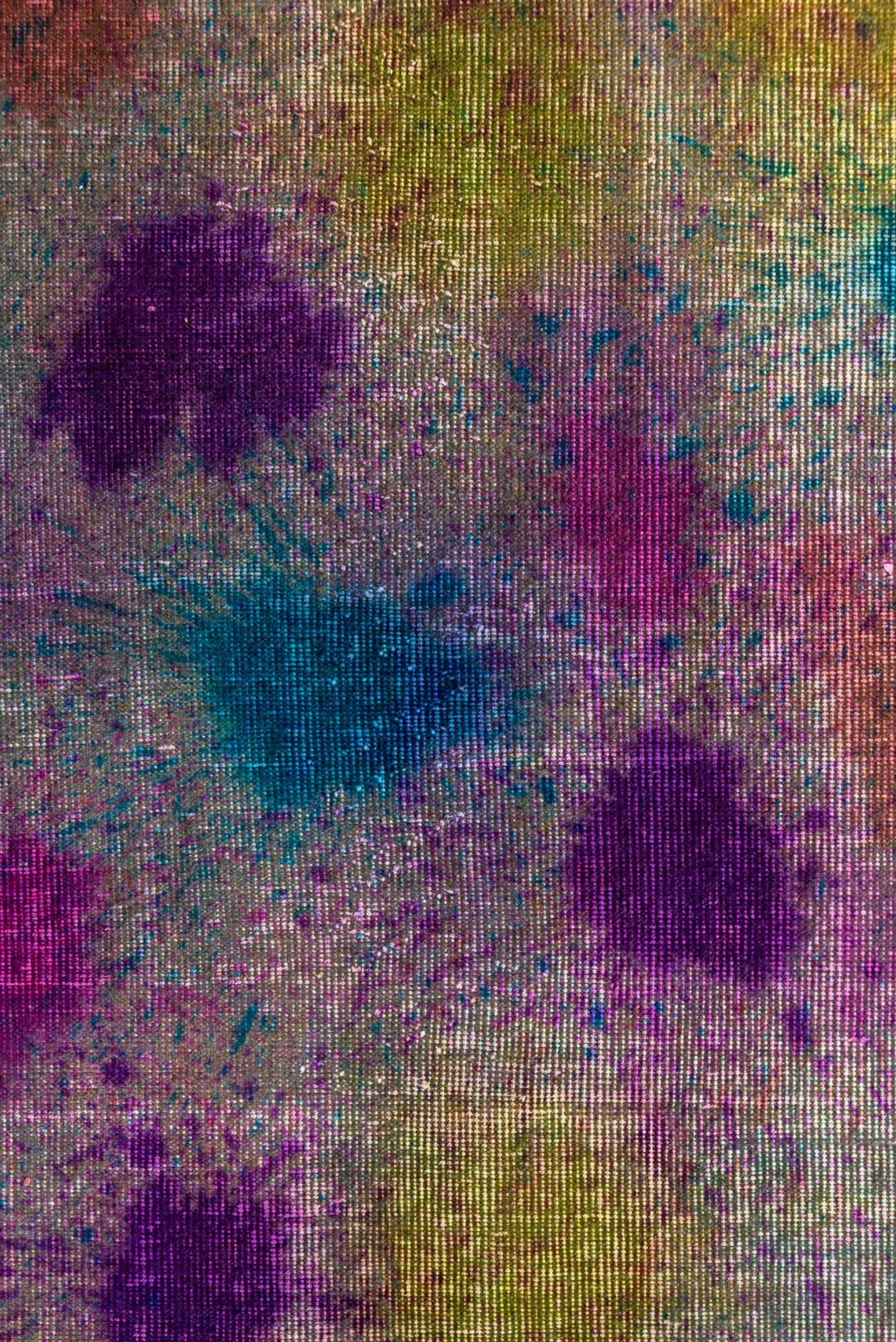 3' x 10' one-of-a-kind handmade vintage Overdyed runner rug. Color palette: ivory, violet, magenta, turquoise, gold