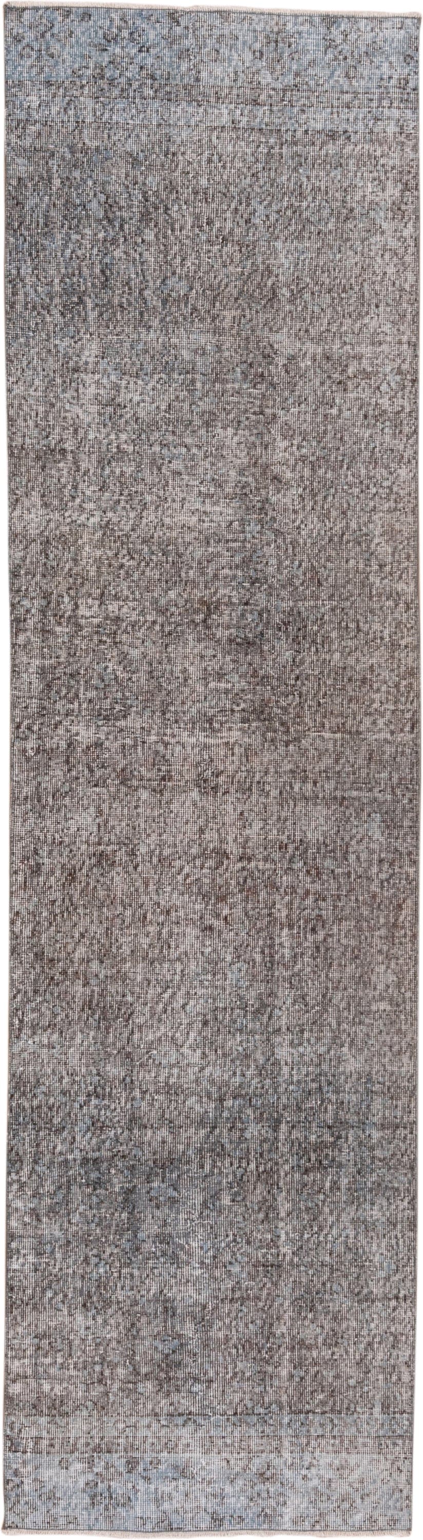 2' x 9' one-of-a-kind handmade vintage Overdyed runner rug. Color palette: taupe, gray, ivory, charcoal, beige, black