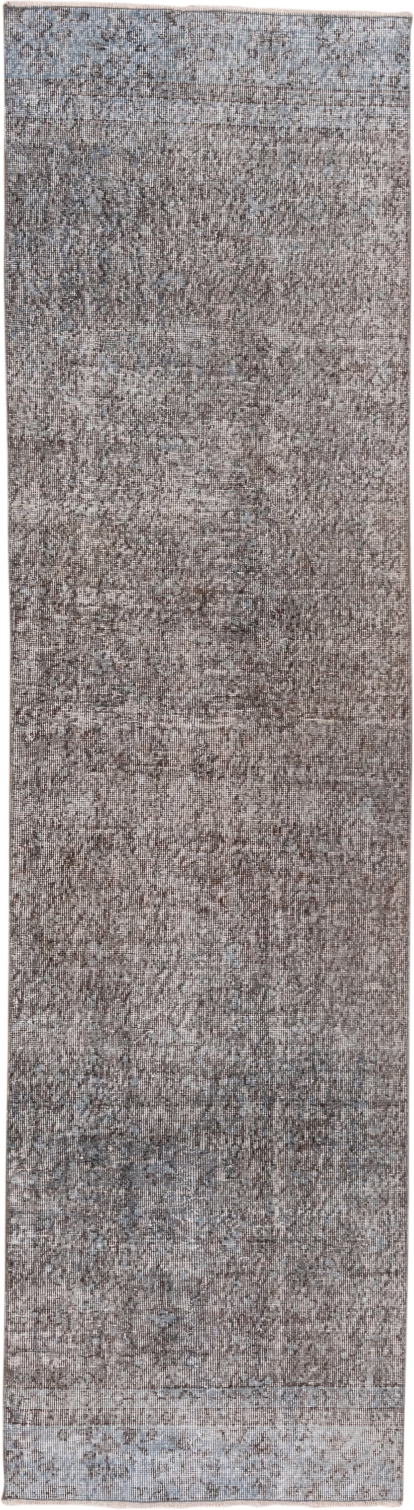 2' x 9' one-of-a-kind handmade vintage Overdyed runner rug. Color palette: taupe, gray, ivory, charcoal, beige, black