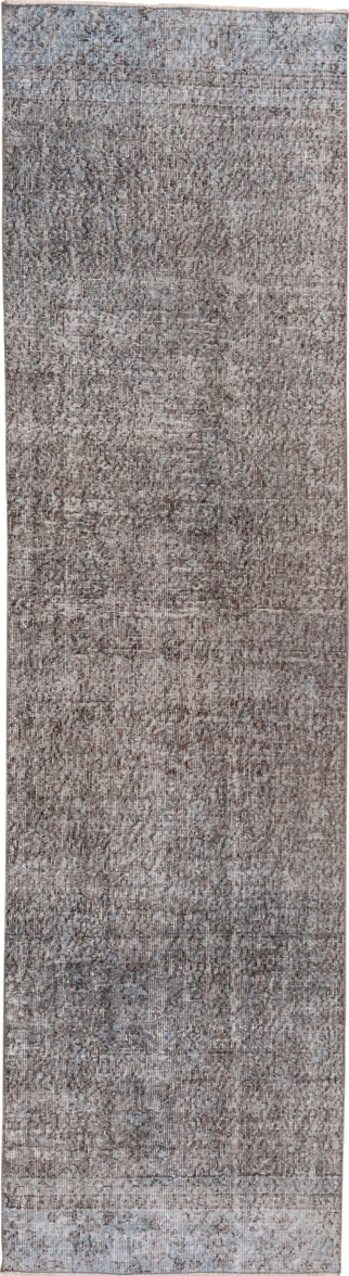 2' x 9' one-of-a-kind handmade vintage Overdyed runner rug. Color palette: black, charcoal, dark gray, dim gray, gray