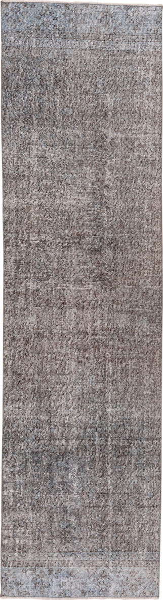 2' x 9' one-of-a-kind handmade vintage Overdyed runner rug. Color palette: black, charcoal, dark gray, dim gray, gray