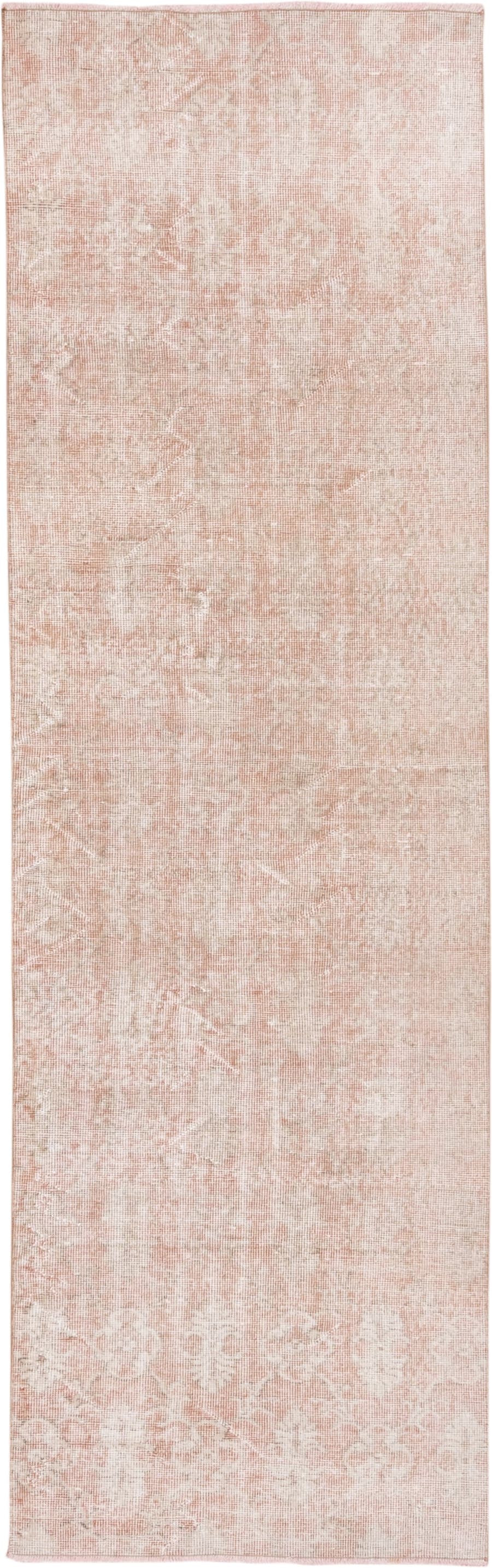 2' x 9' one-of-a-kind handmade vintage Oushak runner rug. Color palette: blush, ivory, cream, rose, pink, red