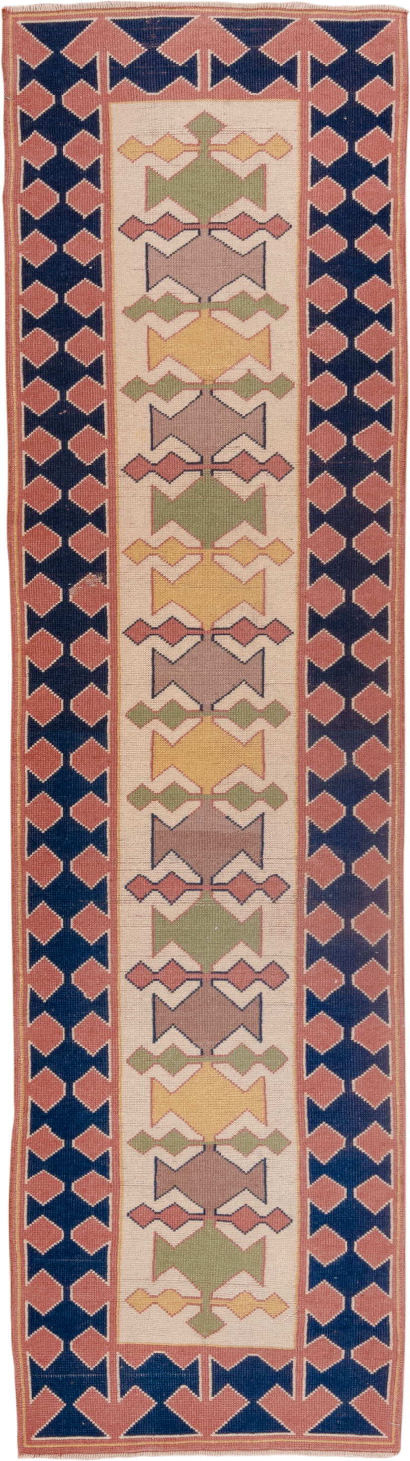 2' x 9' one-of-a-kind handmade vintage Oushak runner rug. Color palette: ivory, navy, rose, sage, gold, taupe, blue, pink