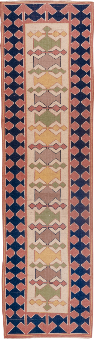 2' x 9' one-of-a-kind handmade vintage Oushak runner rug. Color palette: blue, brown, gray, pink