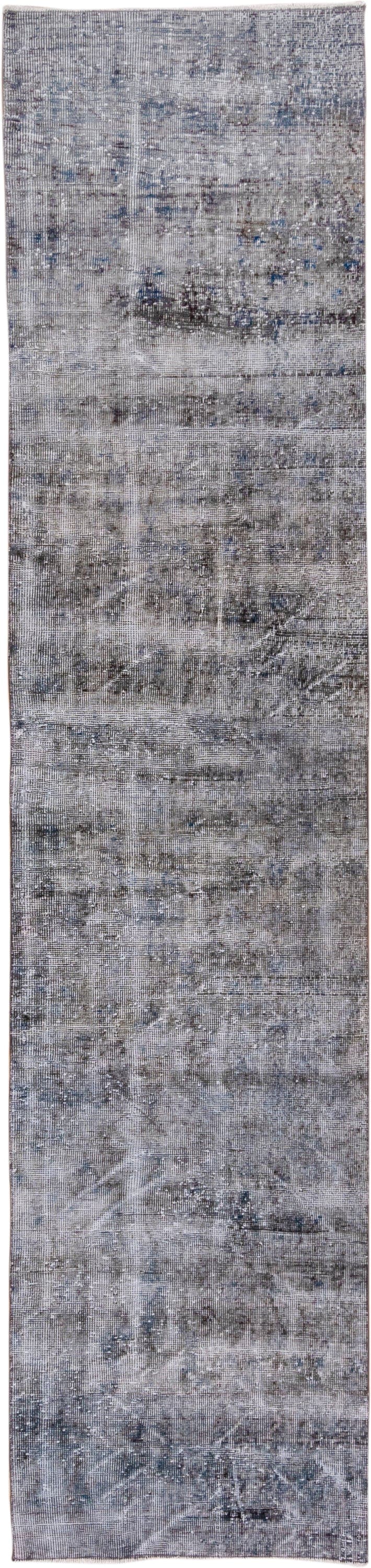 2' x 10' one-of-a-kind handmade vintage Overdyed runner rug. Color palette: gray, slate, charcoal, ivory, steel_blue, black
