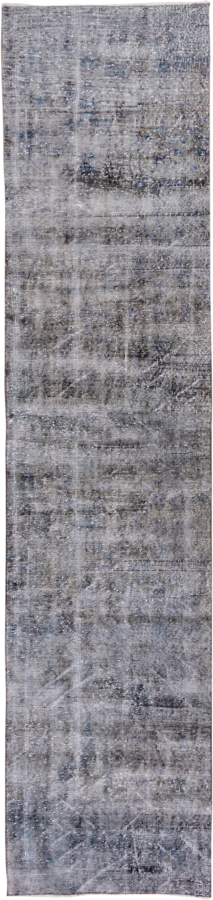 2' x 10' one-of-a-kind handmade vintage Overdyed runner rug. Color palette: gray, slate, charcoal, ivory, steel_blue, black