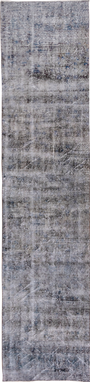 2' x 10' one-of-a-kind handmade vintage Overdyed runner rug. Color palette: black, blue, dark gray, dim gray, gray