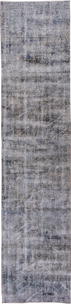 2' x 10' one-of-a-kind handmade vintage Overdyed runner rug. Color palette: gray, slate, charcoal, ivory, steel_blue, black