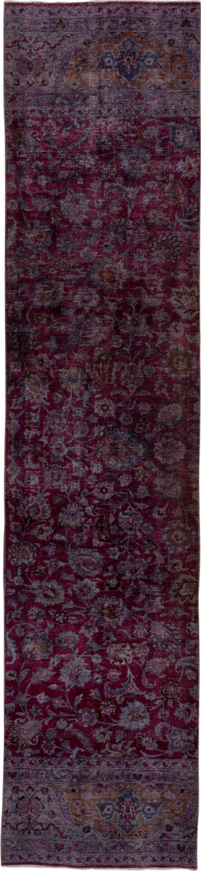2' x 12' one-of-a-kind handmade vintage Overdyed runner rug. Color palette: magenta, plum, lavender, slate, burgundy