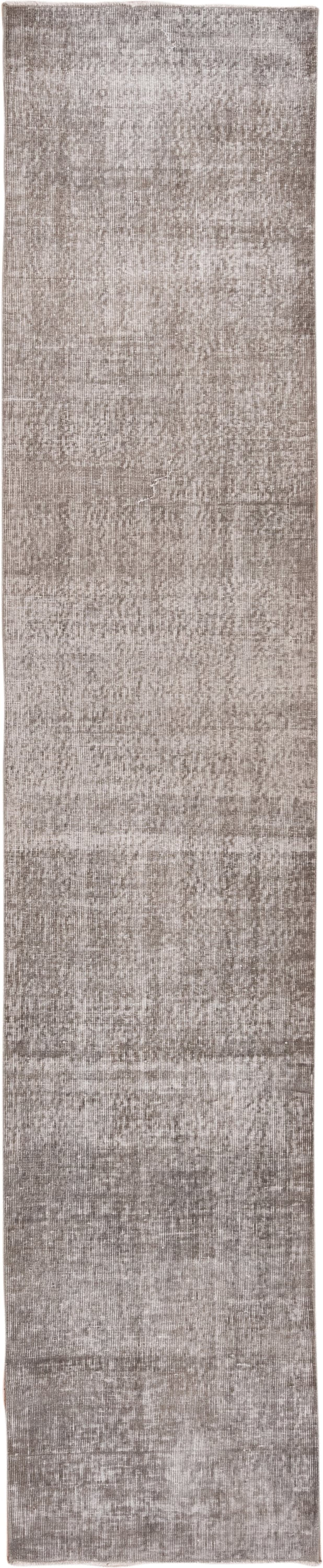 2' x 12' one-of-a-kind handmade vintage Overdyed runner rug. Color palette: taupe, ivory, gray, greige, beige