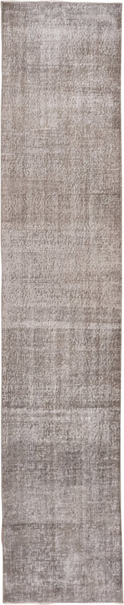 2' x 12' one-of-a-kind handmade vintage Overdyed runner rug. Color palette: taupe, ivory, gray, greige, beige