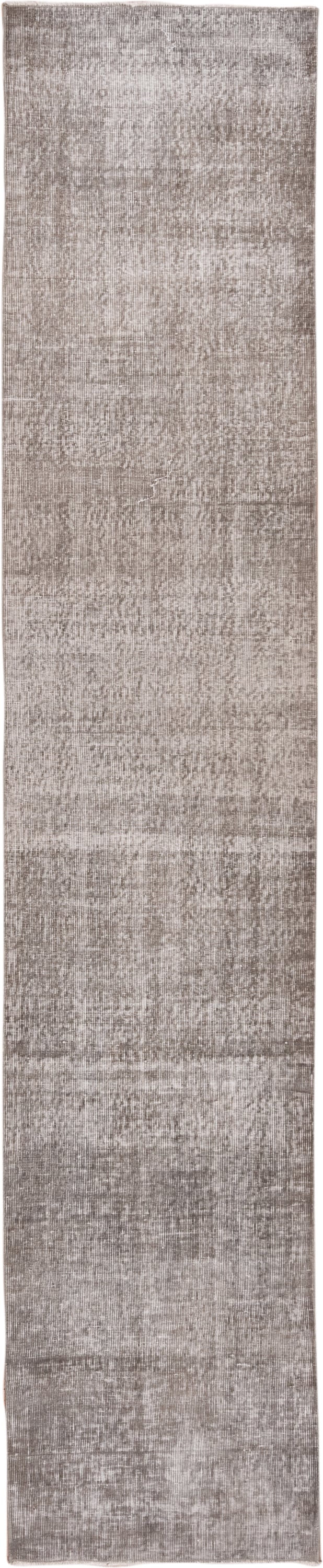 2' x 12' one-of-a-kind handmade vintage Overdyed runner rug. Color palette: taupe, ivory, gray, greige, beige