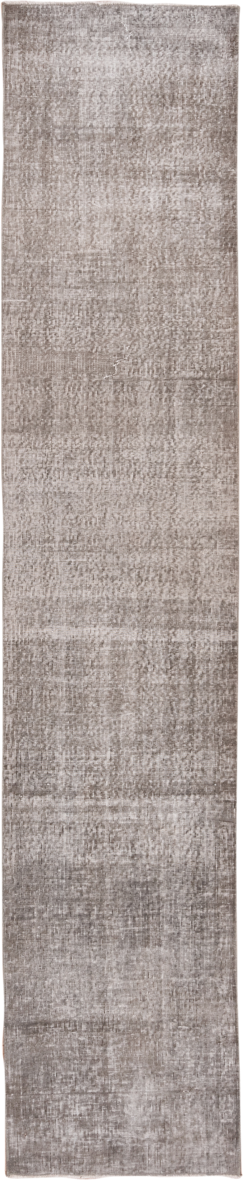 2' x 12' one-of-a-kind handmade vintage Overdyed runner rug. Color palette: taupe, ivory, gray, greige, beige