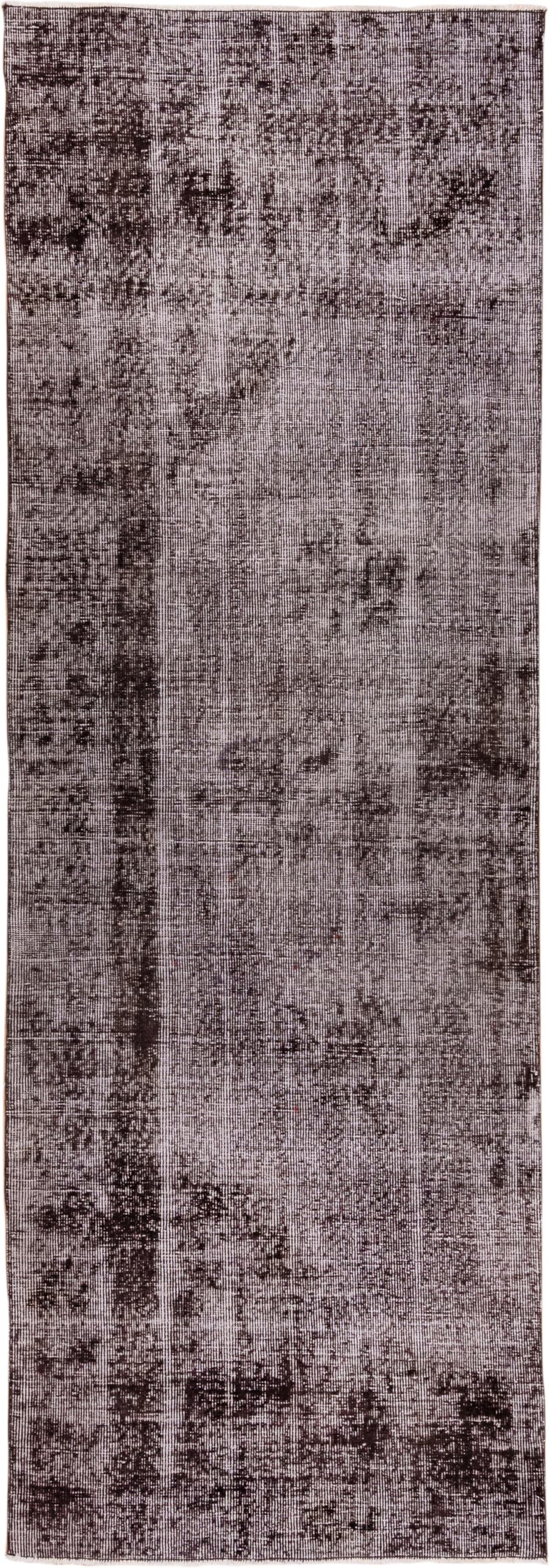 3' x 9' one-of-a-kind handmade vintage Overdyed runner rug. Color palette: plum, charcoal, taupe, mauve, brown, pink, purple