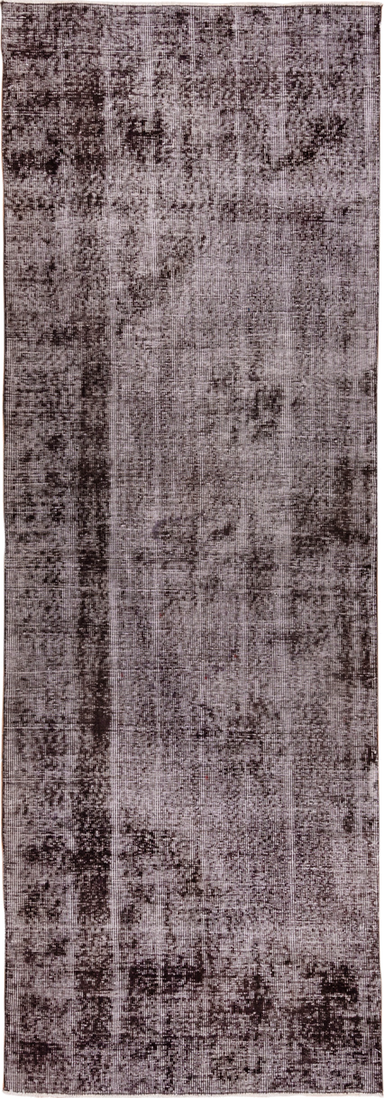 3' x 9' one-of-a-kind handmade vintage Overdyed runner rug. Color palette: gray, light gray, off-white, pink, silver