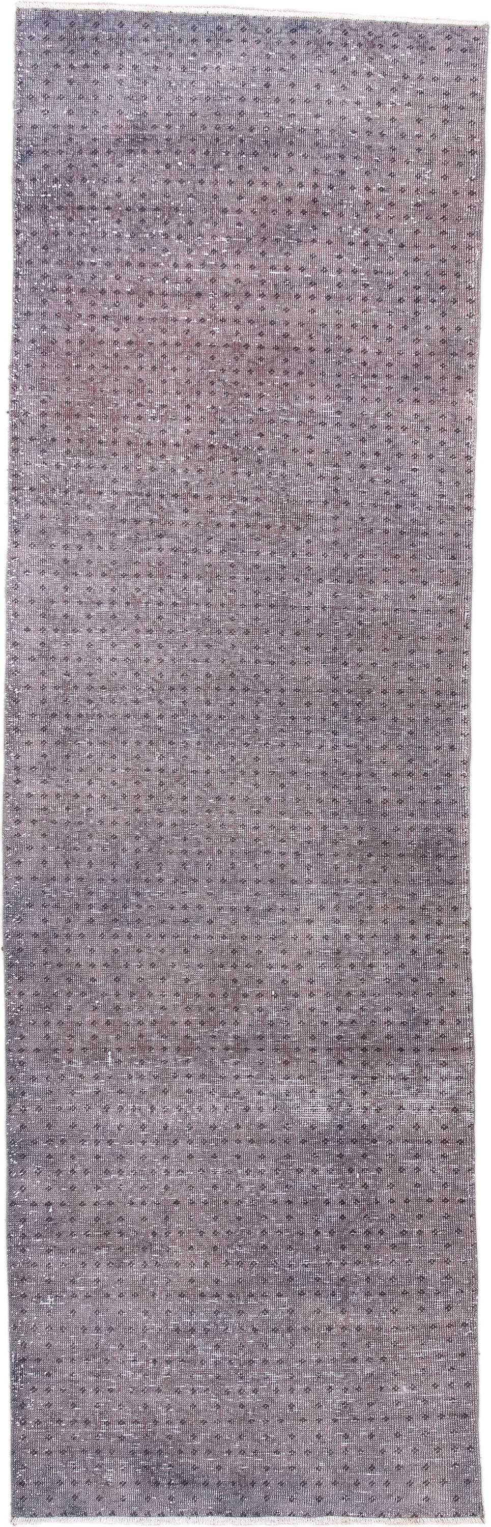 2' x 8' one-of-a-kind handmade vintage Overdyed runner rug. Color palette: lavender, gray, taupe, charcoal, ivory