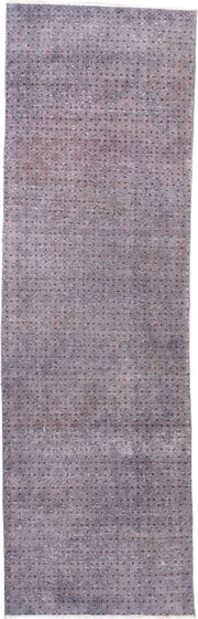 2' x 8' one-of-a-kind handmade vintage Overdyed runner rug. Color palette: lavender, gray, taupe, charcoal, ivory