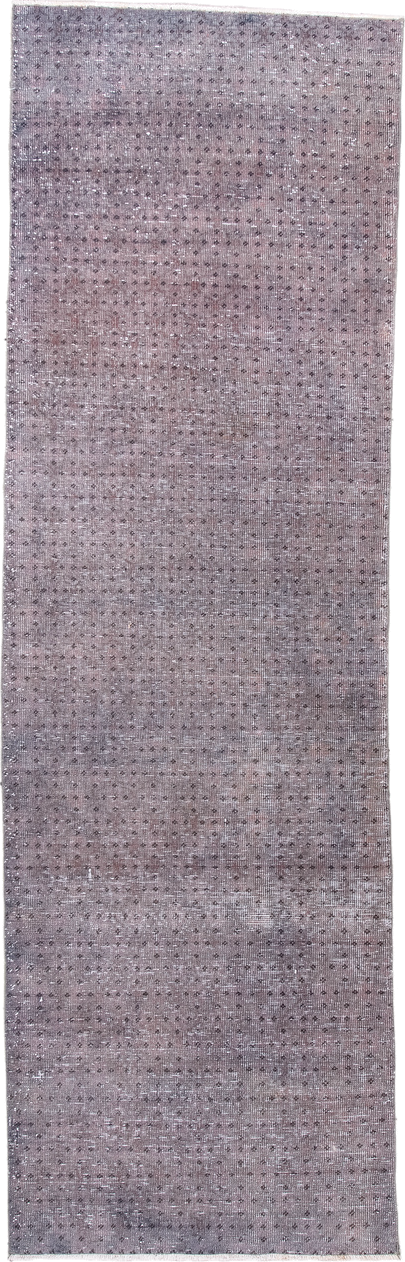 2' x 8' one-of-a-kind handmade vintage Overdyed runner rug. Color palette: lavender, gray, taupe, charcoal, ivory