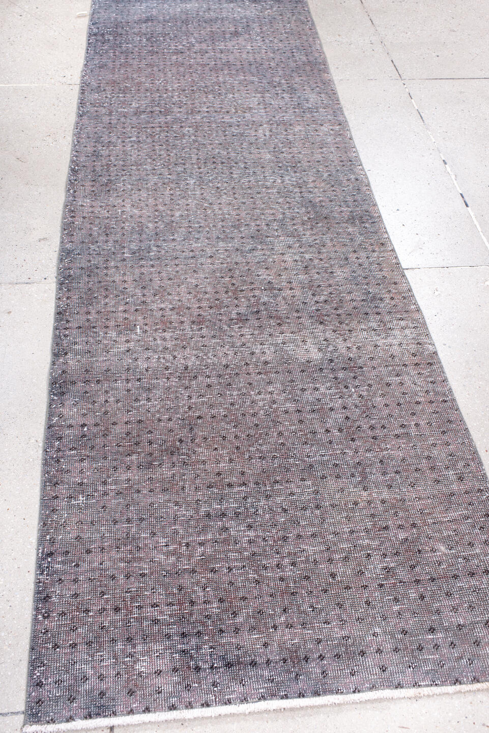 2' x 8' one-of-a-kind handmade vintage Overdyed runner rug. Color palette: brown, gray, light gray, off-white, pink, snow