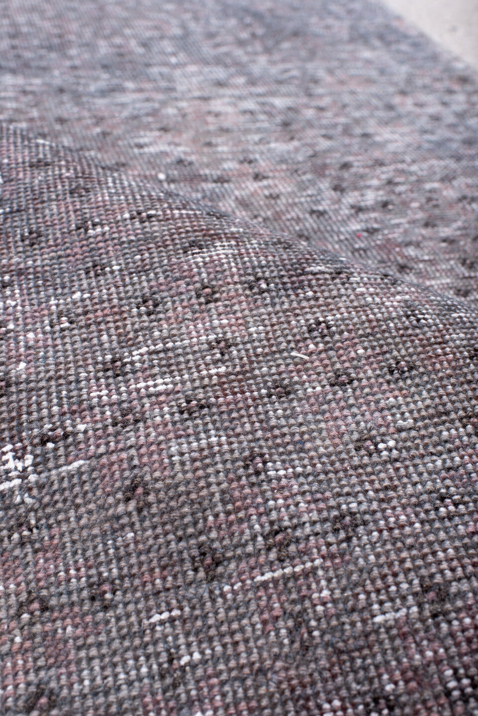 2' x 8' one-of-a-kind handmade vintage Overdyed runner rug. Color palette: lavender, gray, taupe, charcoal, ivory