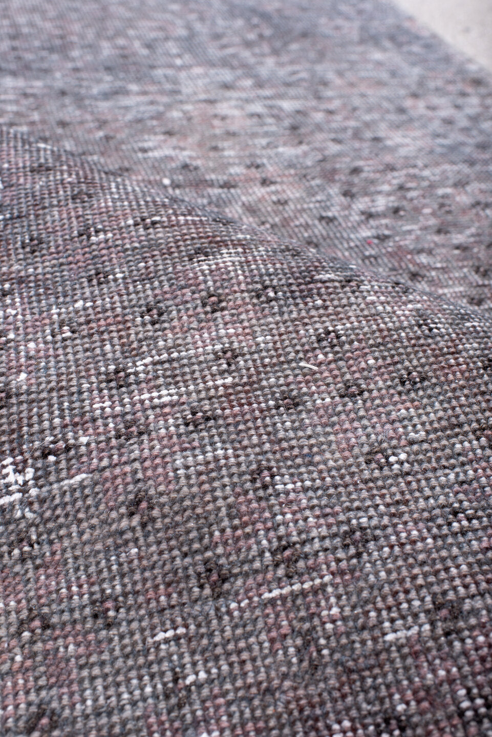 2' x 8' one-of-a-kind handmade vintage Overdyed runner rug. Color palette: brown, gray, light gray, off-white, pink, snow