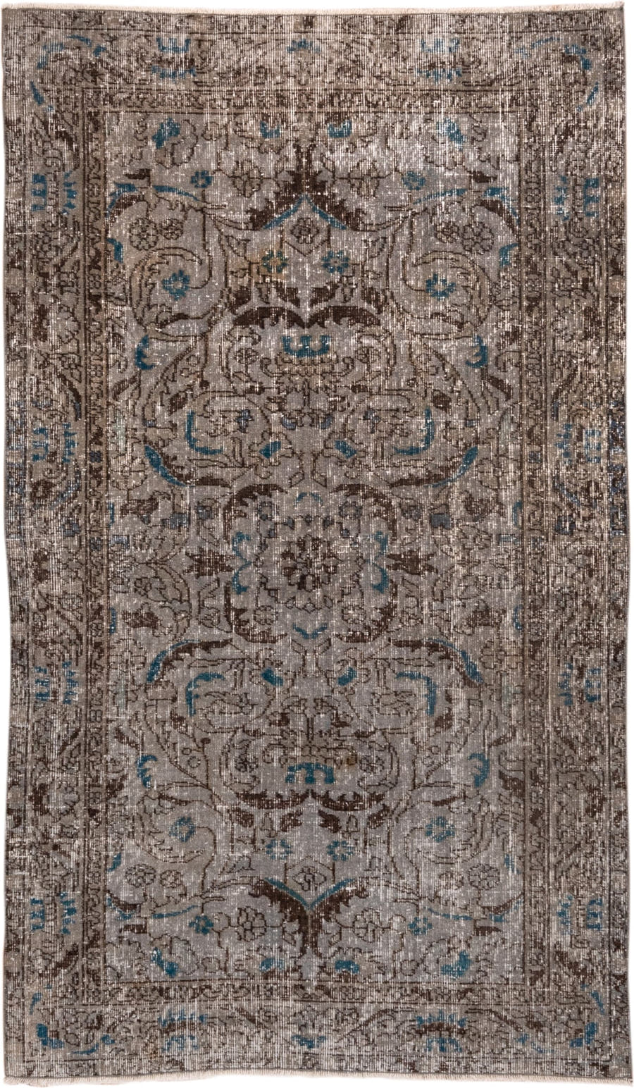 3' x 6' one-of-a-kind handmade vintage Overdyed small size rug. Color palette: taupe, brown, ivory, blue, charcoal, beige