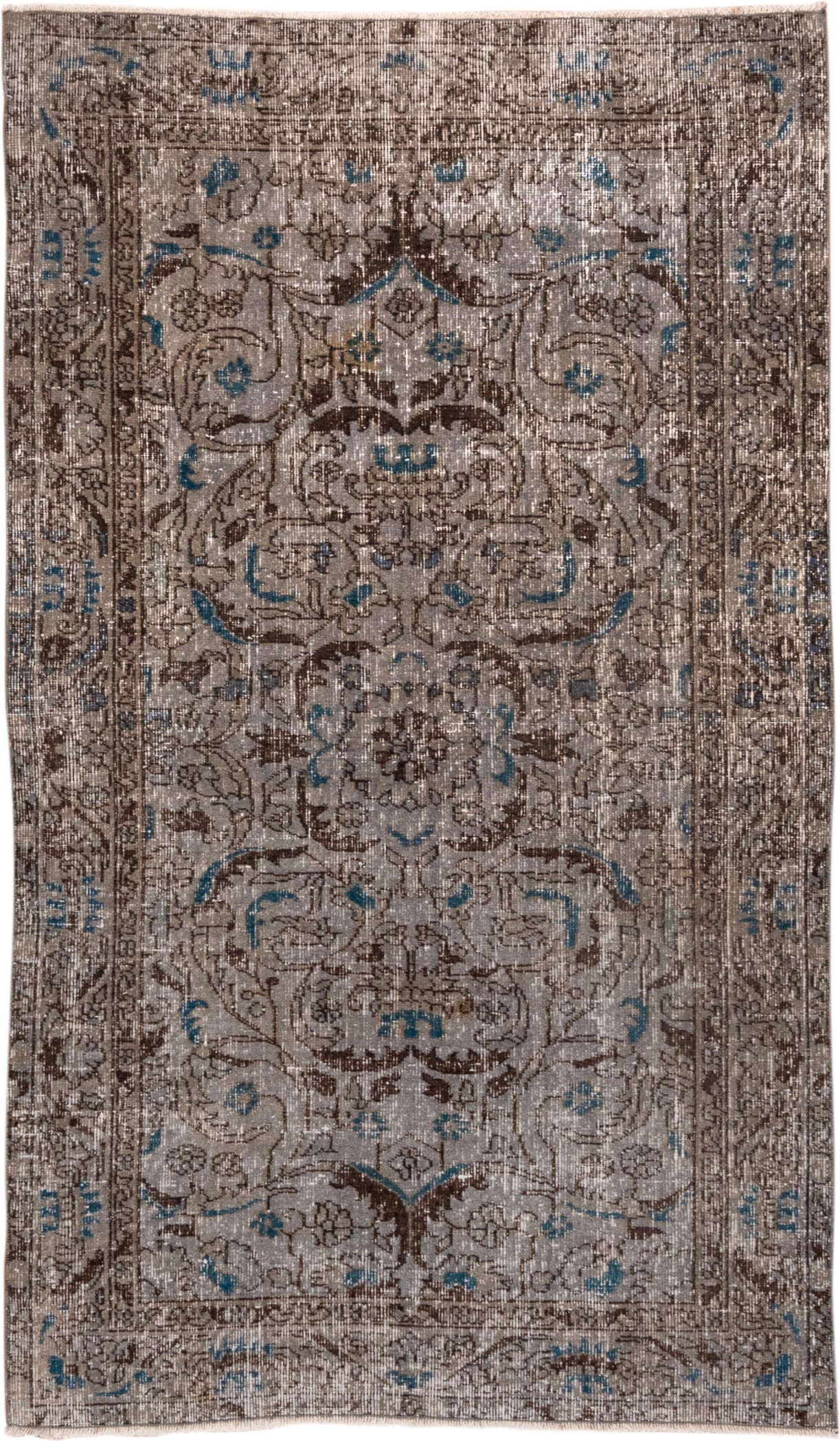 3' x 6' one-of-a-kind handmade vintage Overdyed small size rug. Color palette: taupe, brown, ivory, blue, charcoal, beige