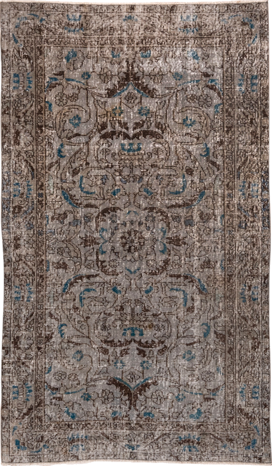 3' x 6' one-of-a-kind handmade vintage Overdyed small size rug. Color palette: blue, brown, gray, light gray, off-white