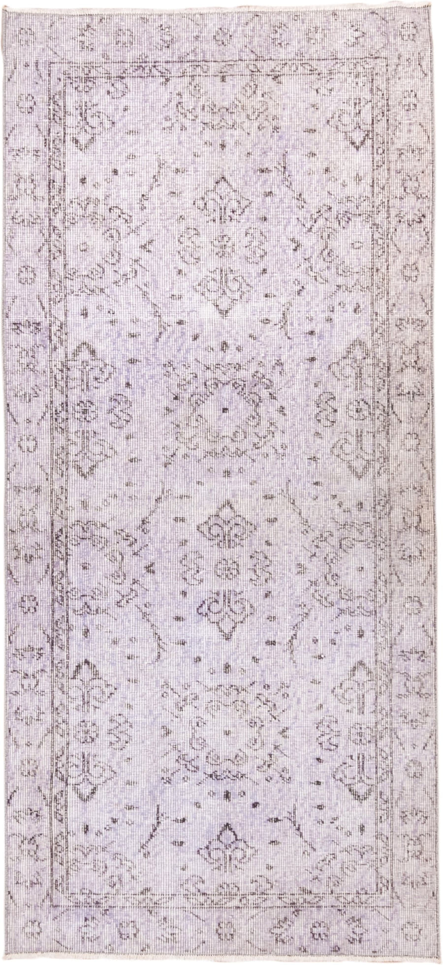 3' x 6' one-of-a-kind handmade vintage Overdyed runner rug. Color palette: lavender, ivory, taupe, dusty rose, light gray