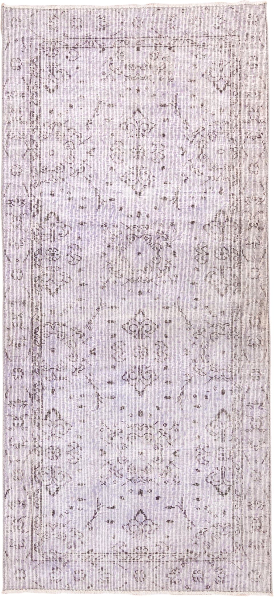 3' x 6' one-of-a-kind handmade vintage Overdyed runner rug. Color palette: lavender, ivory, taupe, dusty rose, light gray