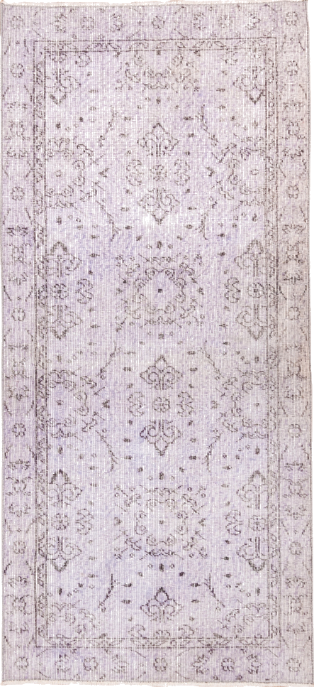 3' x 6' one-of-a-kind handmade vintage Overdyed runner rug. Color palette: gainsboro, gray, lavender blush, light gray