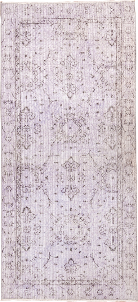 3' x 6' one-of-a-kind handmade vintage Overdyed runner rug. Color palette: gainsboro, gray, lavender blush, light gray