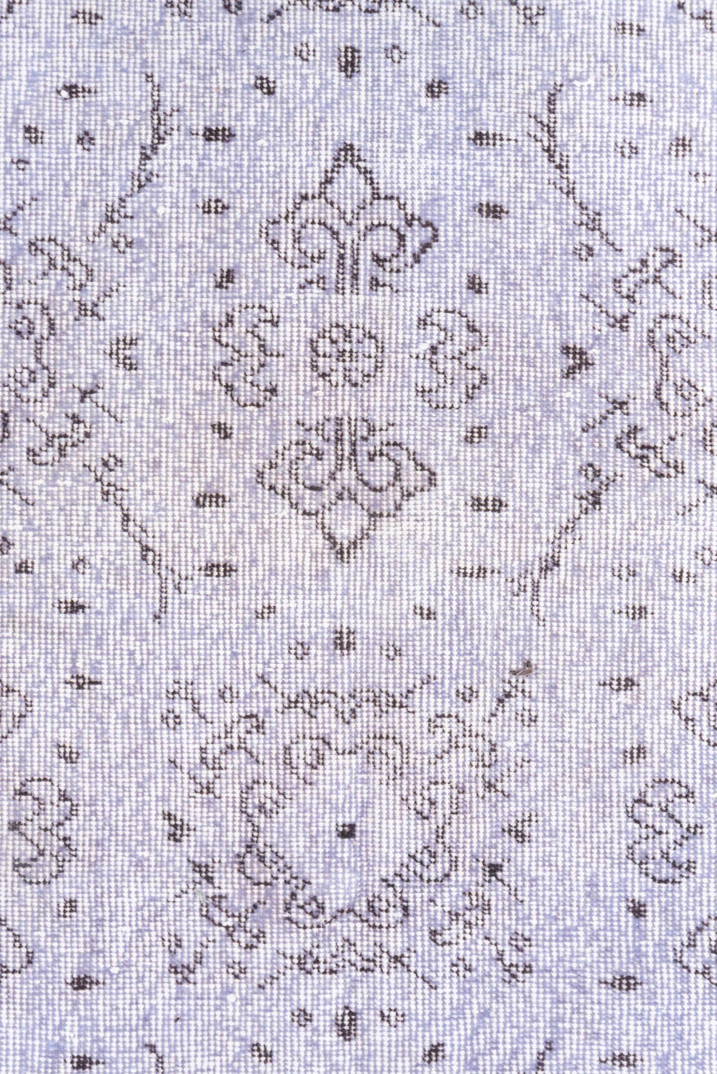 3' x 6' one-of-a-kind handmade vintage Overdyed runner rug. Color palette: lavender, ivory, taupe, dusty rose, light gray