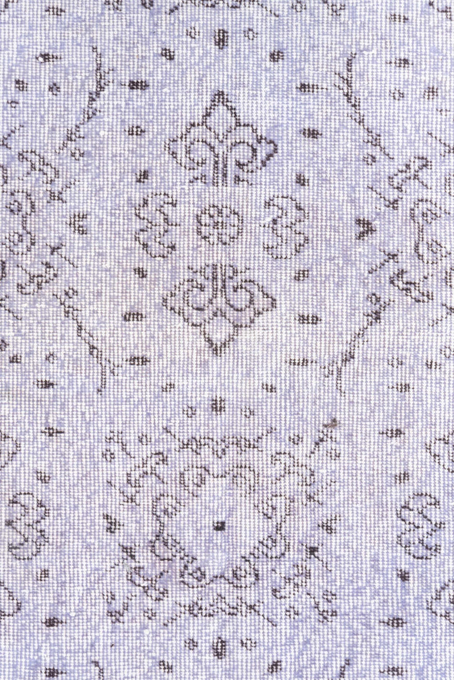 3' x 6' one-of-a-kind handmade vintage Overdyed runner rug. Color palette: lavender, ivory, taupe, dusty rose, light gray