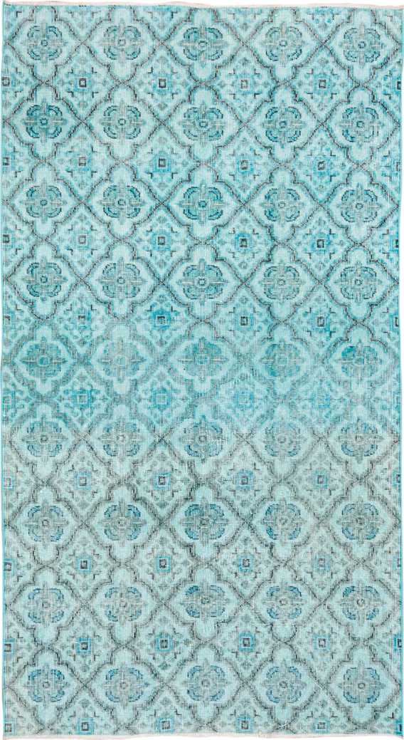 3' x 7' one-of-a-kind handmade vintage Overdyed rug. Color palette: aqua, ivory, teal, silver, charcoal, gray, black