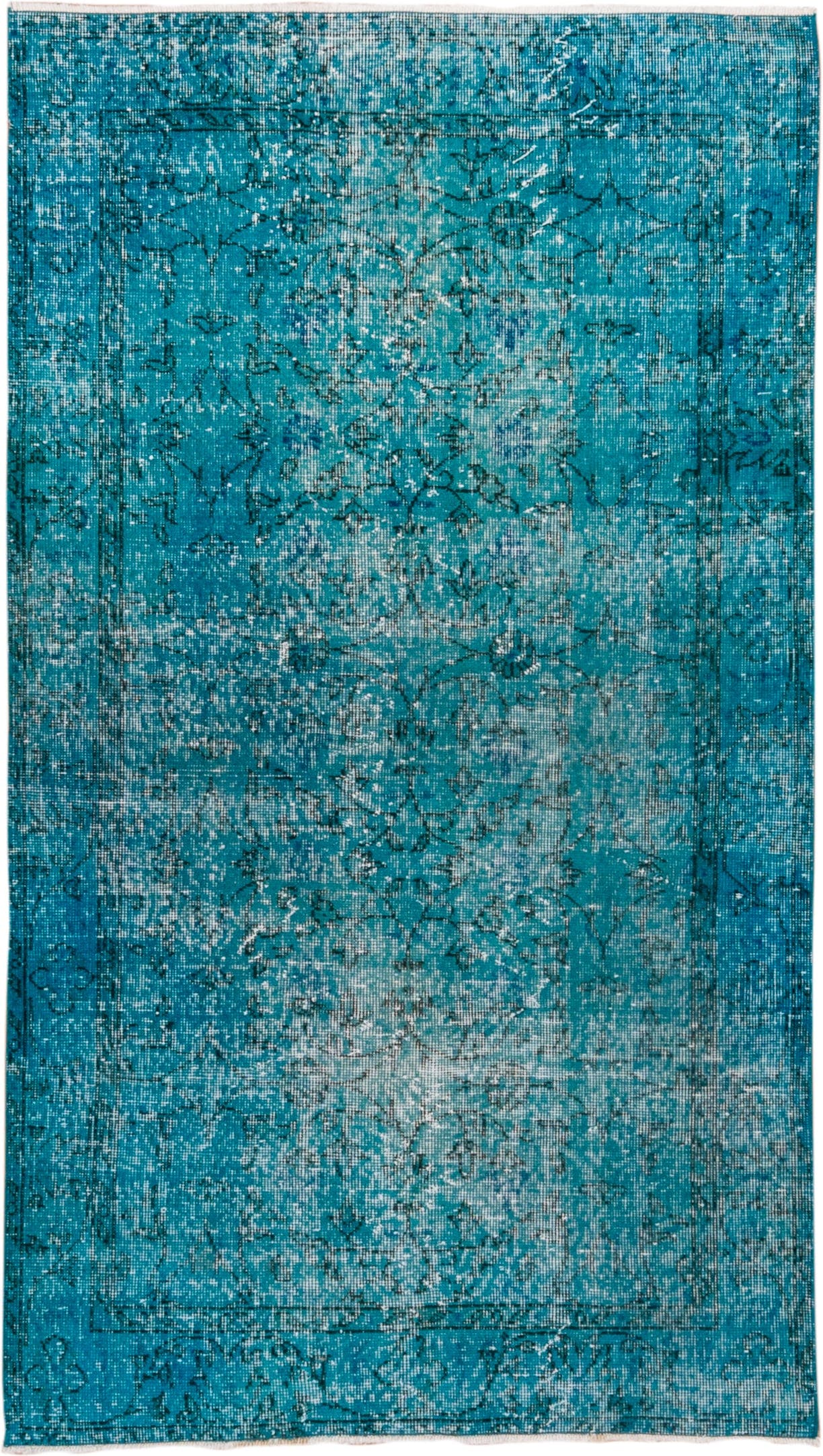 3' x 6' one-of-a-kind handmade vintage Overdyed small size rug. Color palette: turquoise, teal, aqua, ivory, charcoal, gray